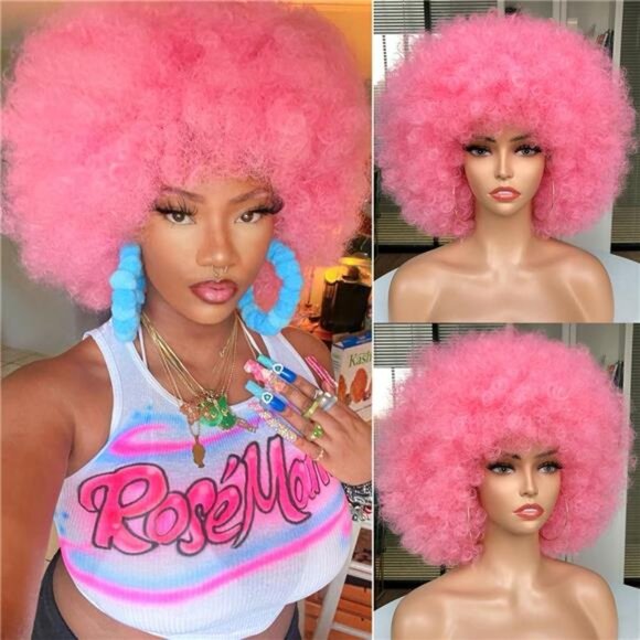 70s Afro Wig with Bangs Short Afro Kinky Curly Wig for Black Women Large Bouncy main image 7
